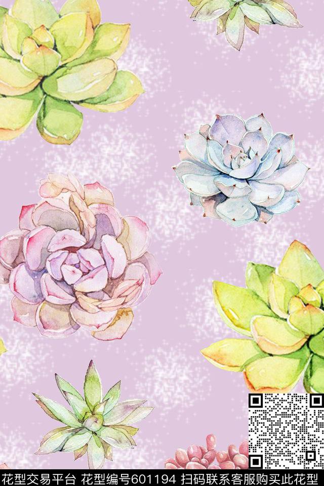 多肉手绘水彩数码印花华亿平台下载（图片编号: 601194） - 瓦栏（Walan）