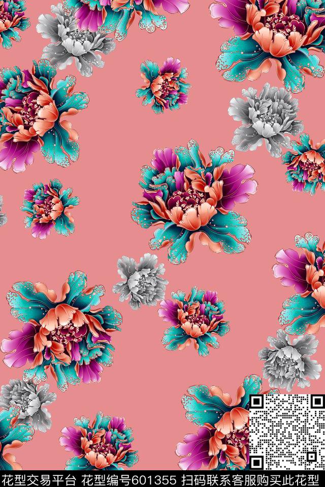 牡丹服装花朵数码印花华亿平台下载（图片编号: 601355） - 瓦栏（Walan）