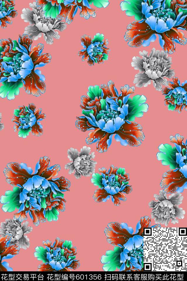 牡丹服装花朵数码印花华亿平台下载（图片编号: 601356） - 瓦栏（Walan）
