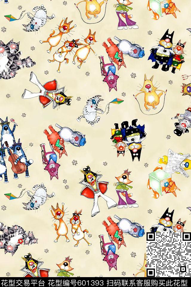 趣味猫咪风筝数码印花华亿平台下载（图片编号: 601393） - 瓦栏（Walan）