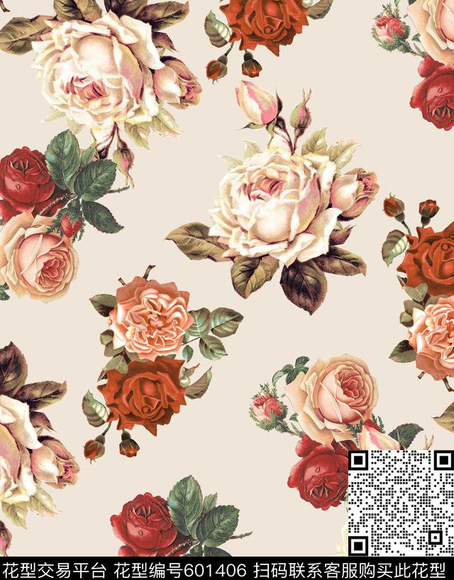 复古花组合花卉女装花数码印花华亿平台下载（图片编号: 601406） - 瓦栏（Walan）