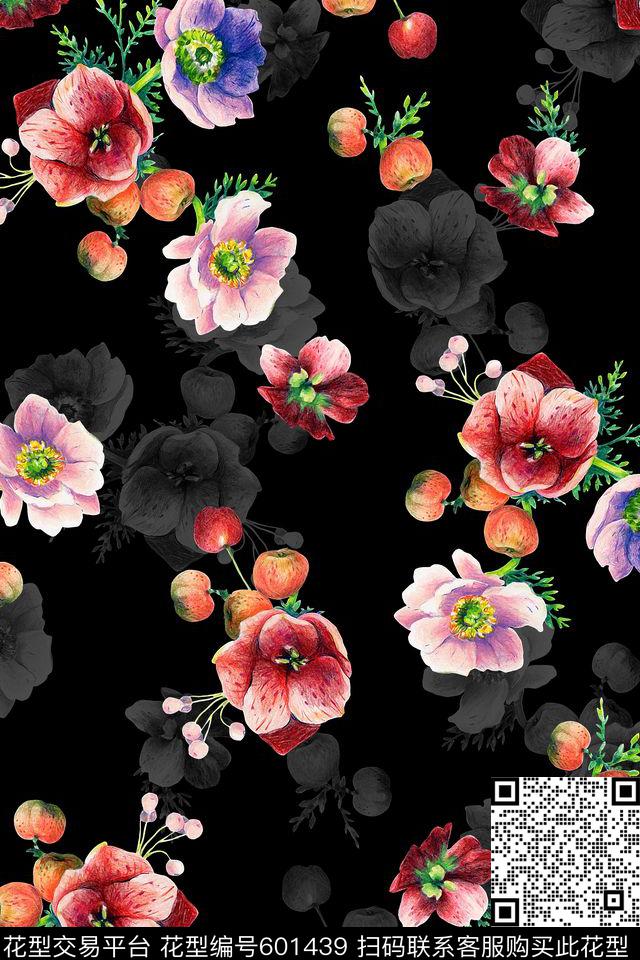 深底小花水彩数码印花华亿平台下载（图片编号: 601439） - 瓦栏（Walan）