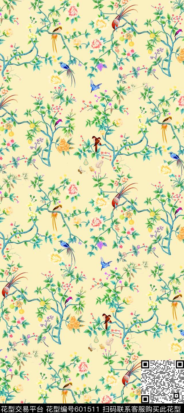 手绘小花鸟。花丛。中老年数码印花华亿平台下载（图片编号: 601511） - 瓦栏（Walan）