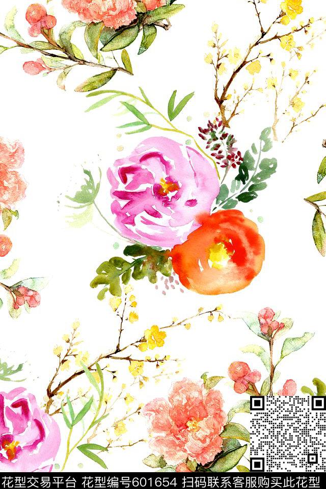 水彩花卉时尚数码印花华亿平台下载（图片编号: 601654） - 瓦栏（Walan）