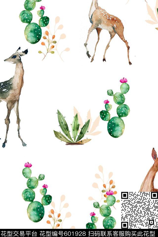 仙人掌水彩鹿传统印花华亿平台下载（图片编号: 601928） - 瓦栏（Walan）