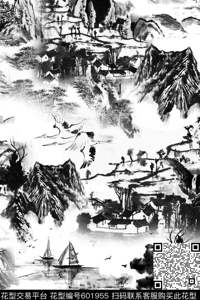 黑白水墨中国风数码印花华亿平台下载（图片编号: 601955） - 瓦栏（Walan）
