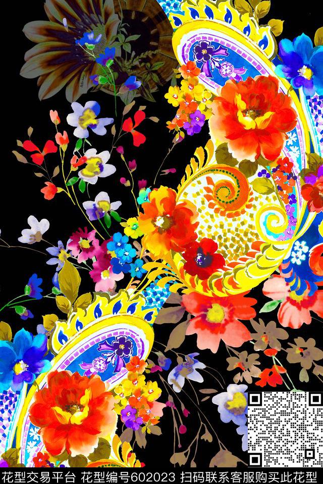 满版。时尚大气。佩兹利手绘数码印花华亿平台下载（图片编号: 602023） - 瓦栏（Walan）