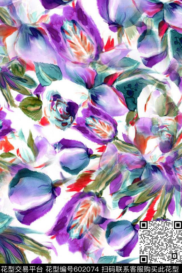 抽象水彩郁金香数码印花华亿平台下载（图片编号: 602074） - 瓦栏（Walan）