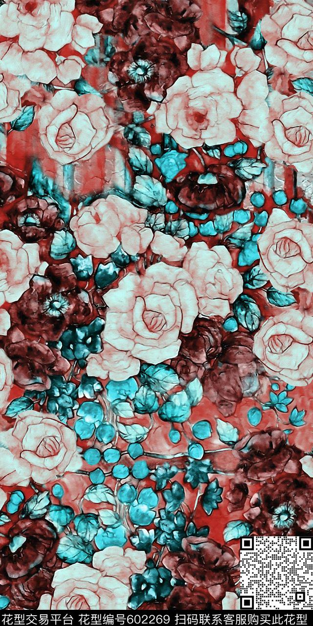 手绘水彩花卉数码印花华亿平台下载（图片编号: 602269） - 瓦栏（Walan）