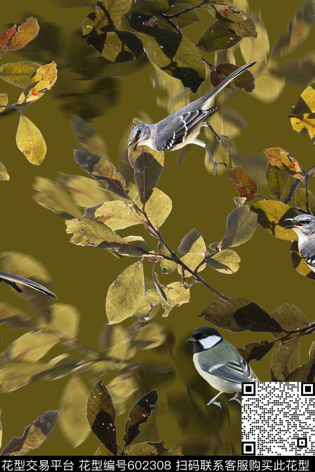 鸟树叶数码印花华亿平台下载（图片编号: 602308） - 瓦栏（Walan）