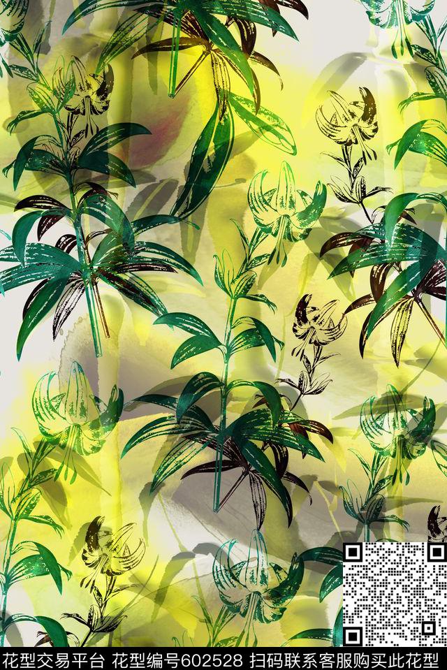 中国风水墨绿叶数码印花华亿平台下载（图片编号: 602528） - 瓦栏（Walan）