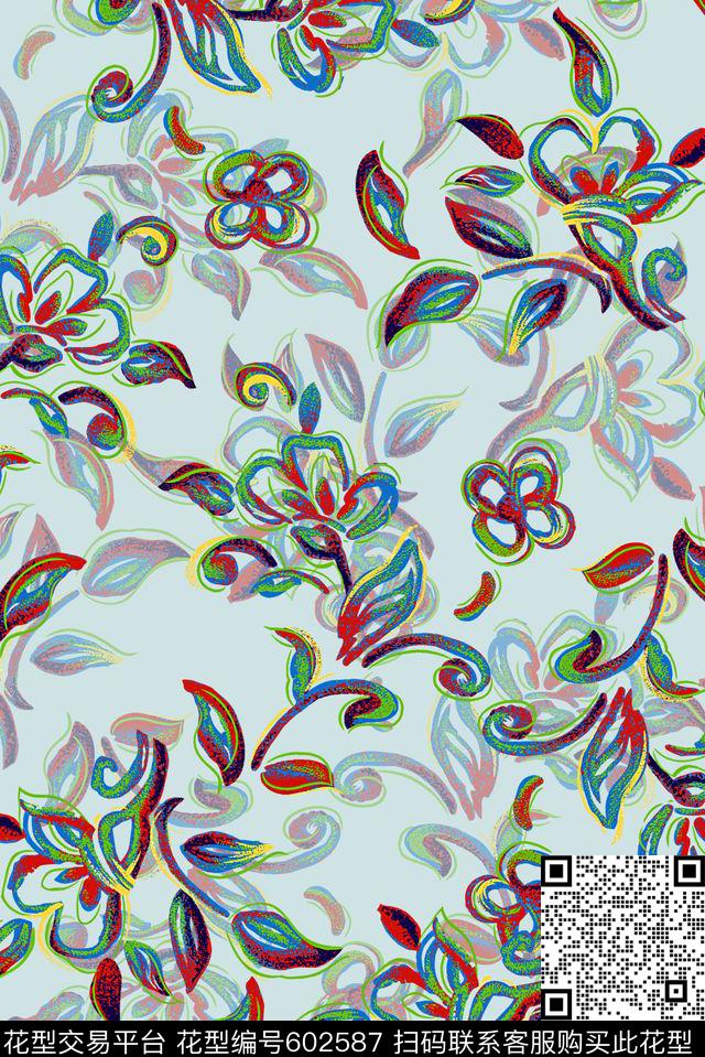 时尚抽象花卉手绘中国风数码印花华亿平台下载（图片编号: 602587） - 瓦栏（Walan）