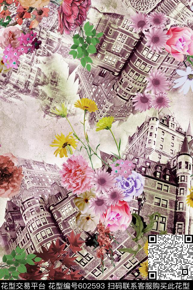欧式建筑花卉数码印花华亿平台下载（图片编号: 602593） - 瓦栏（Walan）