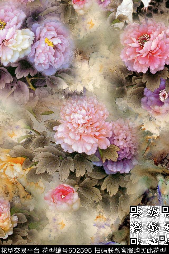 水彩花卉牡丹国画旗袍数码印花华亿平台下载（图片编号: 602595） - 瓦栏（Walan）