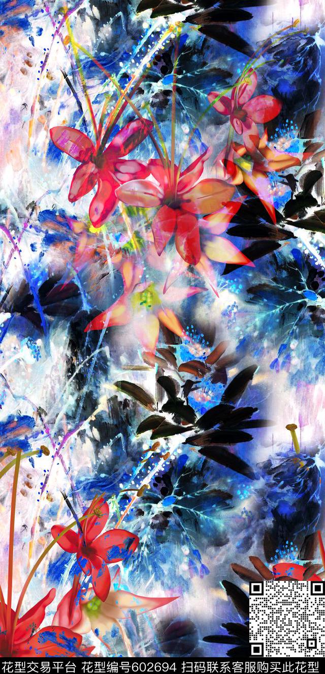 MAX-中国风手绘花卉水墨旗袍印花数码印花华亿平台下载（图片编号: 602694） - 瓦栏（Walan）