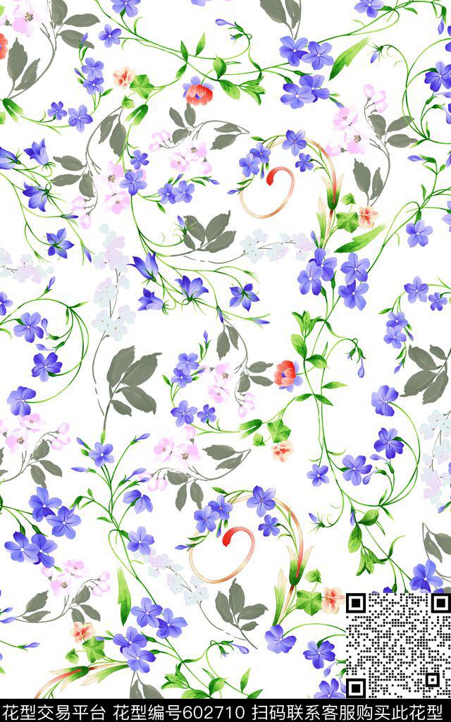 小清新小碎花卷草数码印花华亿平台下载（图片编号: 602710） - 瓦栏（Walan）