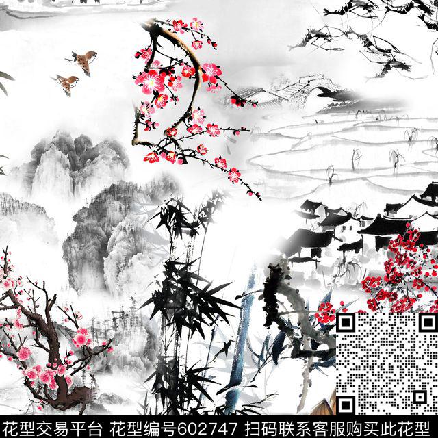 此华亿平台为1/2跳接。水墨民族风数码印花华亿平台下载（图片编号: 602747） - 瓦栏（Walan）