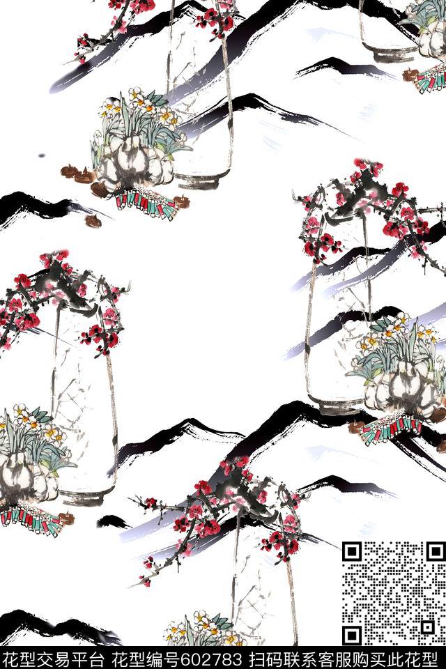 水墨梅花远山数码印花华亿平台下载（图片编号: 602783） - 瓦栏（Walan）