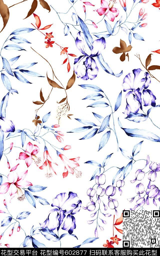 小清新水彩卷草数码印花华亿平台下载（图片编号: 602877） - 瓦栏（Walan）