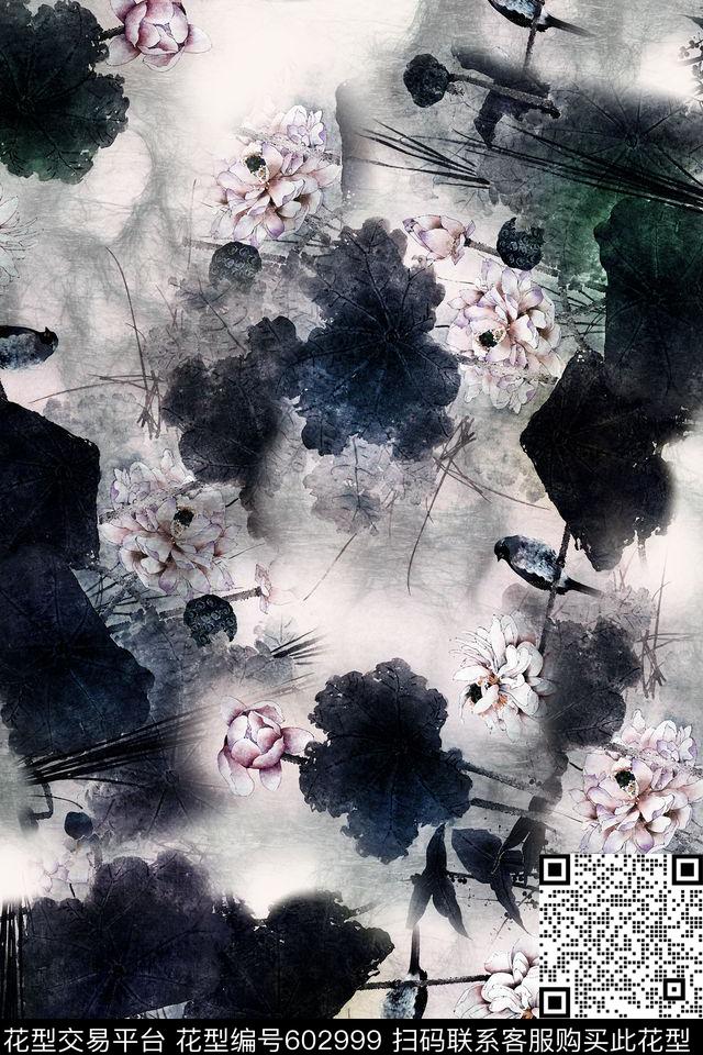 荷花花卉黑白数码印花华亿平台下载（图片编号: 602999） - 瓦栏（Walan）