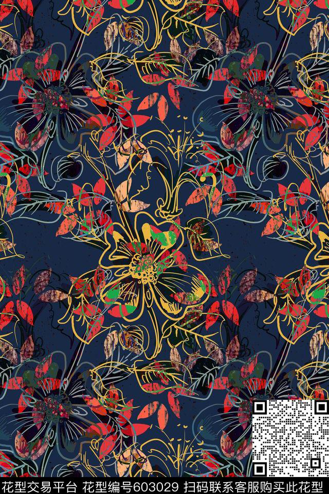 手绘抽象迷幻传统印花华亿平台下载（图片编号: 603029） - 瓦栏（Walan）
