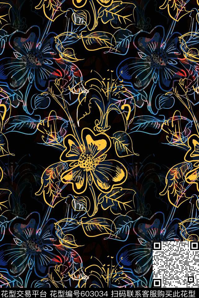 手绘抽象迷幻传统印花华亿平台下载（图片编号: 603034） - 瓦栏（Walan）