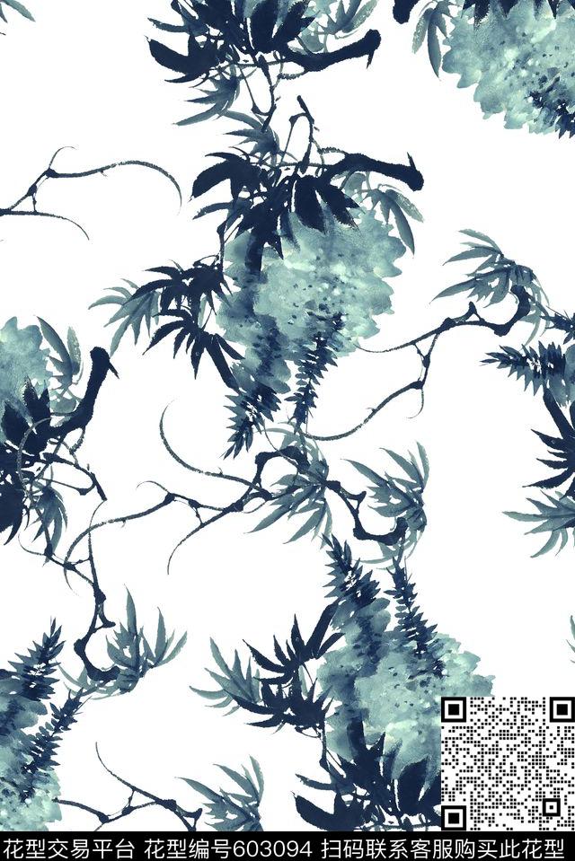 中国风旗袍印花水墨画数码印花华亿平台下载（图片编号: 603094） - 瓦栏（Walan）