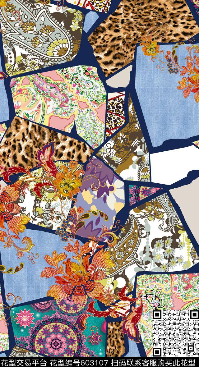 土耳其风格波西米亚拼布花朵组合数码印花华亿平台下载（图片编号: 603107） - 瓦栏（Walan）