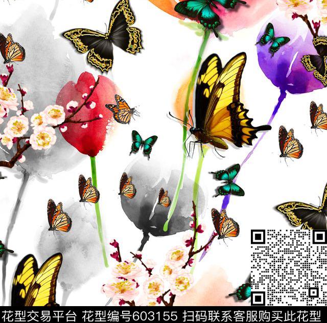黑白水彩花卉数码印花华亿平台下载（图片编号: 603155） - 瓦栏（Walan）