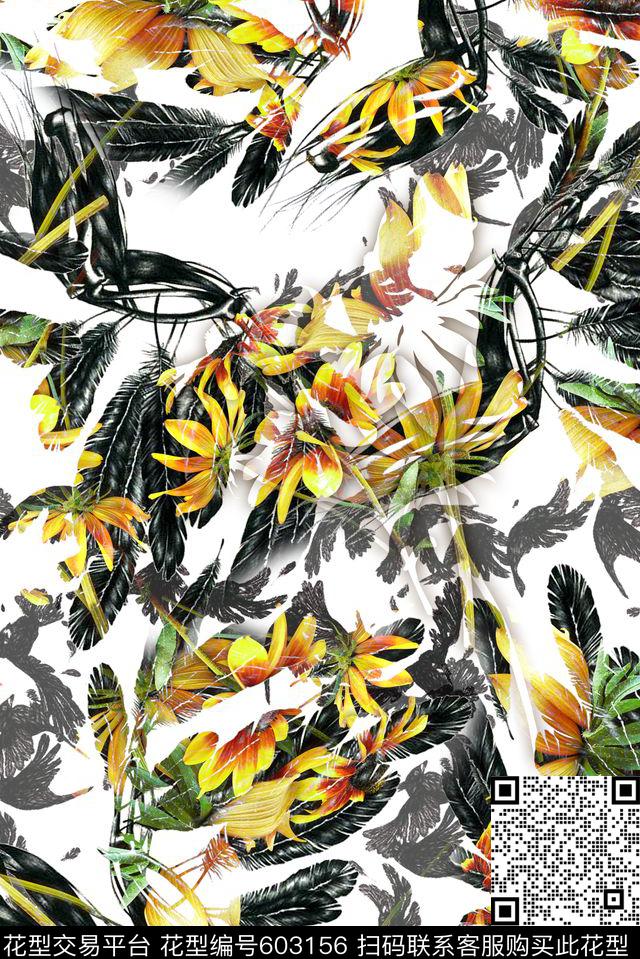 水墨羽毛菊花数码印花华亿平台下载（图片编号: 603156） - 瓦栏（Walan）