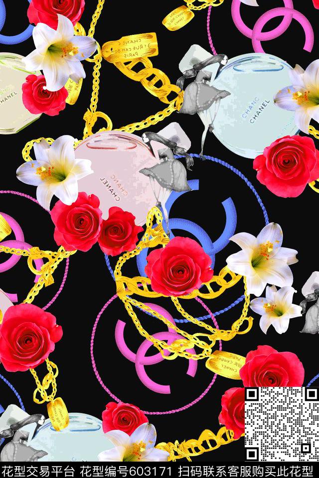 香水玫瑰链条数码印花华亿平台下载（图片编号: 603171） - 瓦栏（Walan）