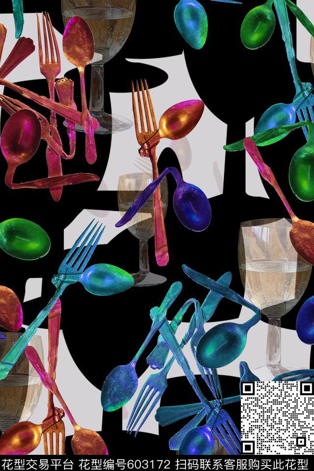 几何勺子趣味。满版数码印花华亿平台下载（图片编号: 603172） - 瓦栏（Walan）