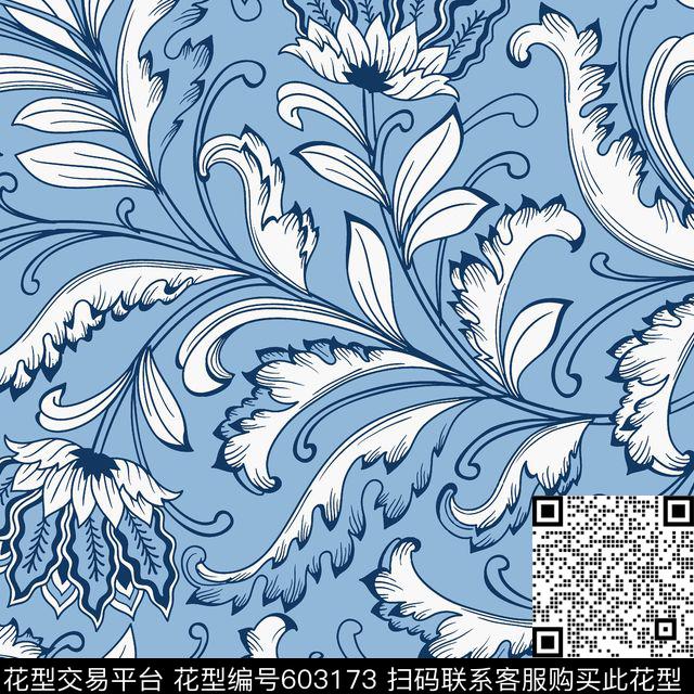 线条花卉复古清新传统印花华亿平台下载（图片编号: 603173） - 瓦栏（Walan）