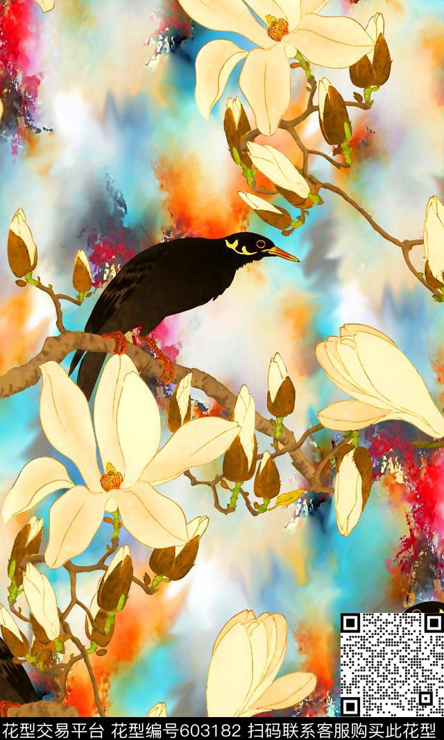 抽象几何清爽梦幻艺术平底立体手绘满版最新高清数码蕾丝民族中国风绣花珠宝肌理时尚潮

流大牌复古欧美风水彩花鸟纹理底纹女装裙数码印花华亿平台下载（图片编号: 603182） - 瓦栏（Walan）