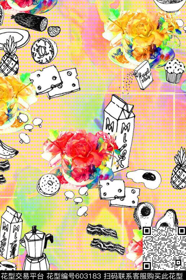 羽绒服趣味早餐。满版数码印花华亿平台下载（图片编号: 603183） - 瓦栏（Walan）