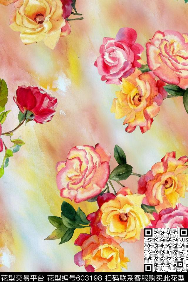 花卉水彩晕染数码印花华亿平台下载（图片编号: 603198） - 瓦栏（Walan）