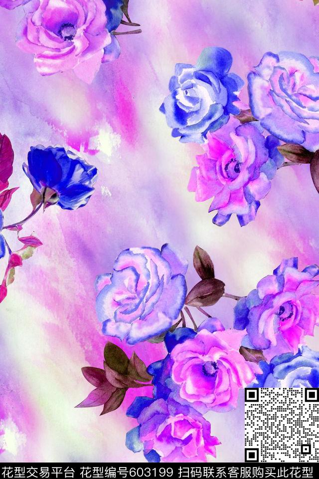 花卉水彩晕染数码印花华亿平台下载（图片编号: 603199） - 瓦栏（Walan）