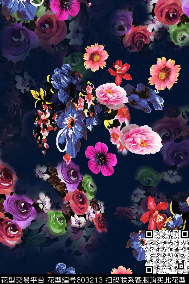 花卉小花深色数码印花华亿平台下载（图片编号: 603213） - 瓦栏（Walan）
