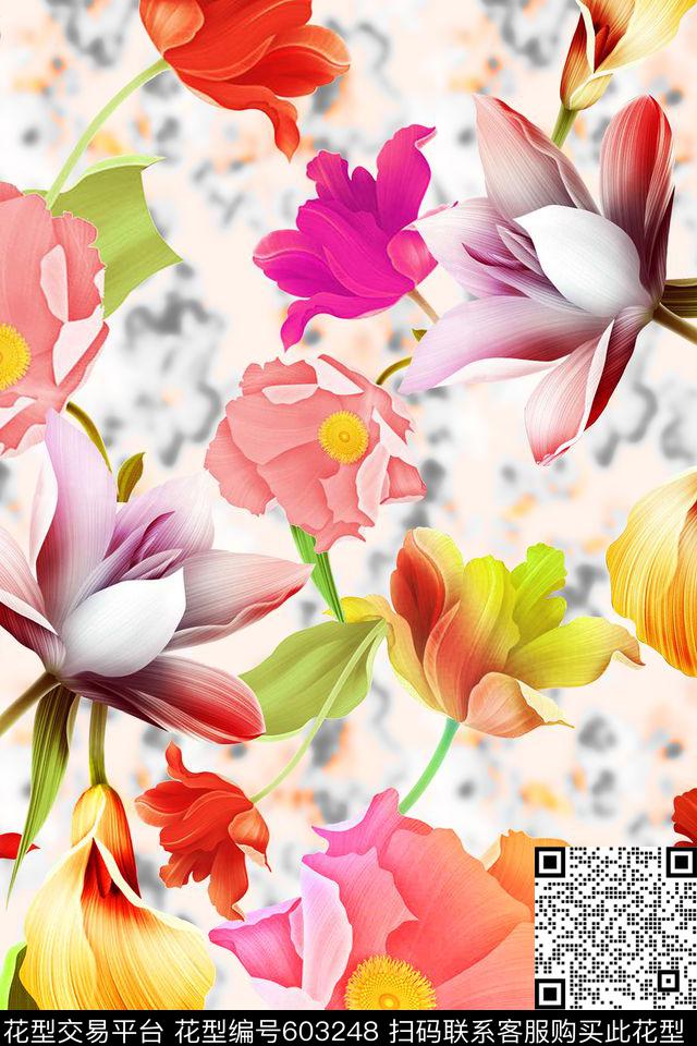 手绘满版花卉。数码印花华亿平台下载（图片编号: 603248） - 瓦栏（Walan）