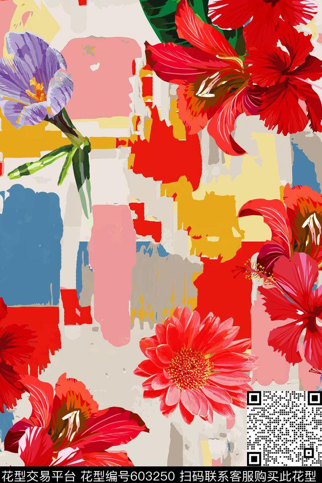 手绘涂鸦大花数码印花华亿平台下载（图片编号: 603250） - 瓦栏（Walan）