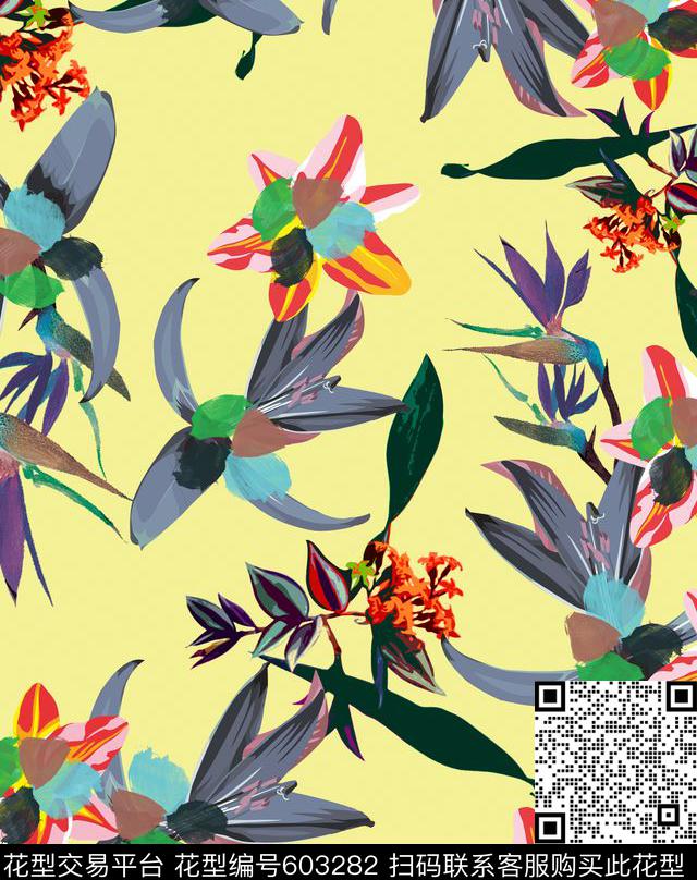 手绘花卉百合数码印花华亿平台下载（图片编号: 603282） - 瓦栏（Walan）