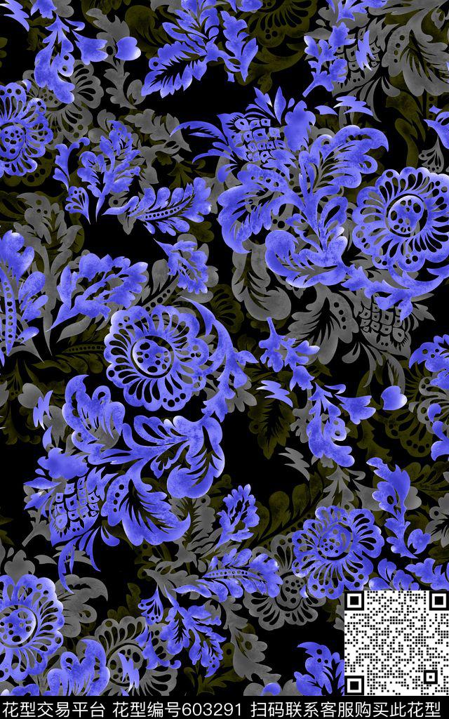 抽象花朵卷草数码印花华亿平台下载（图片编号: 603291） - 瓦栏（Walan）