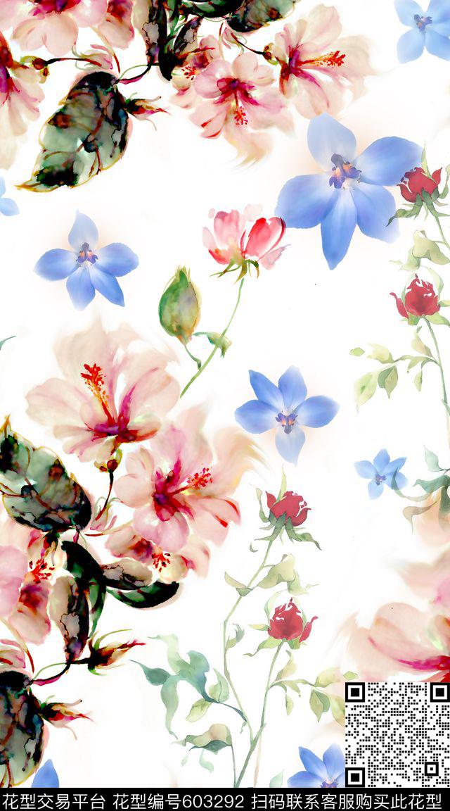 花朵水彩花卉数码印花华亿平台下载（图片编号: 603292） - 瓦栏（Walan）