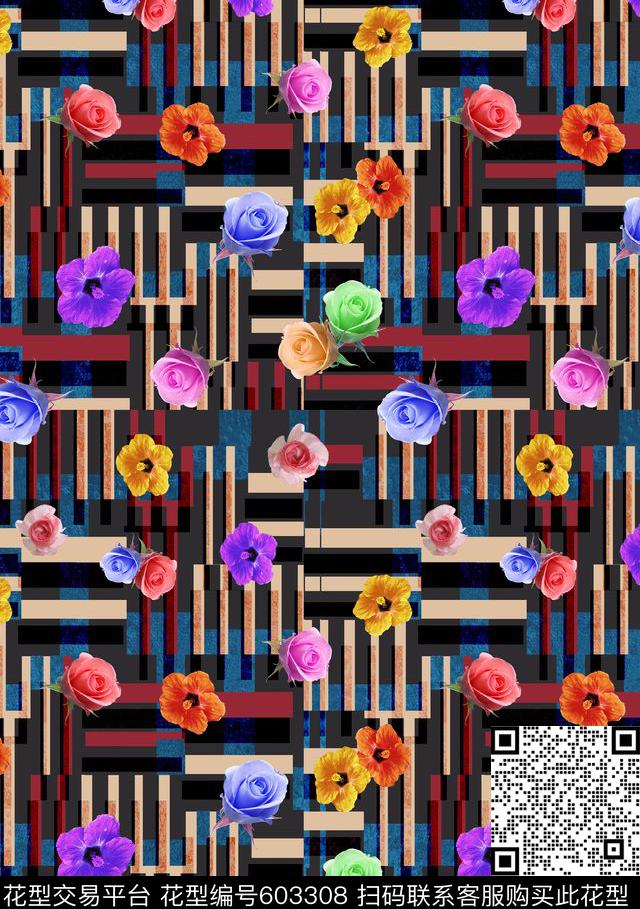 几何花卉条纹。中老年。满版数码印花华亿平台下载（图片编号: 603308） - 瓦栏（Walan）