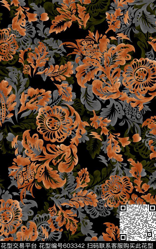 抽象花朵卷草数码印花华亿平台下载（图片编号: 603342） - 瓦栏（Walan）