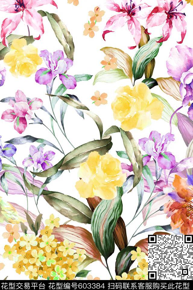 手绘花丛简单。中老年。围巾华亿平台数码印花华亿平台下载（图片编号: 603384） - 瓦栏（Walan）