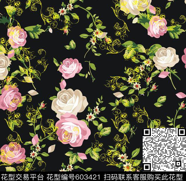 古典花纹花卉数码印花华亿平台下载（图片编号: 603421） - 瓦栏（Walan）