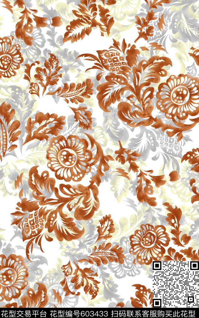 抽象花朵卷草数码印花华亿平台下载（图片编号: 603433） - 瓦栏（Walan）
