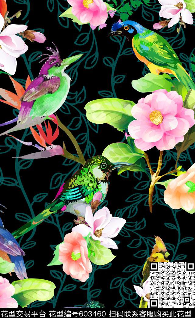 中老年。手绘花纹鸟数码印花华亿平台下载（图片编号: 603460） - 瓦栏（Walan）