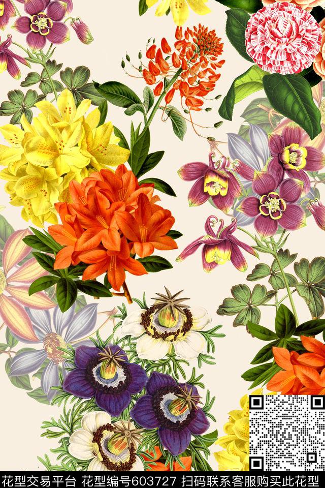 时尚手绘花卉数码印花华亿平台下载（图片编号: 603727） - 瓦栏（Walan）